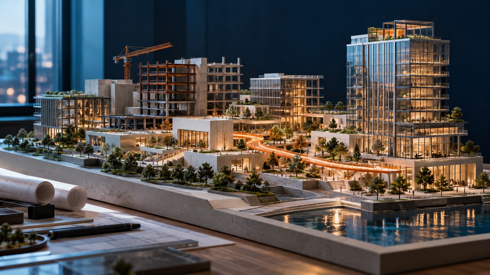 Architectural model connecting construction stages and completed buildings